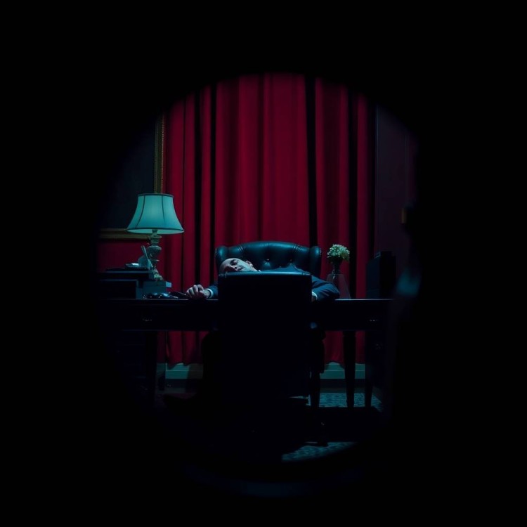 Rich burgundy and deep blue image of a man slumped dead in a chair at a desk viewed through a peephole, sophisticated and elegant style.jpg